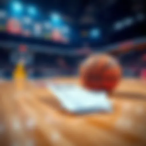 A basketball court with betting slips and a basketball on it, representing NBA betting advice.
