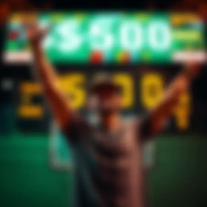 Successful NBA bettor celebrating Bettor celebrating a $600 profit in front of a basketball scoreboard