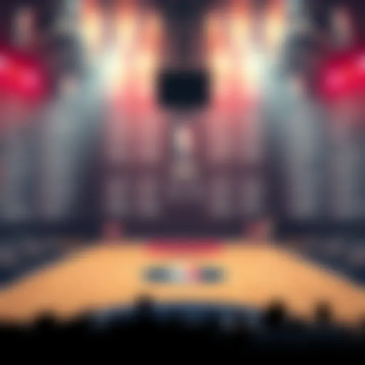 NBA Draft Underdog Teams A basketball court with an underdog team looking at a draft board filled with player names, highlighting their struggle to find top talent.