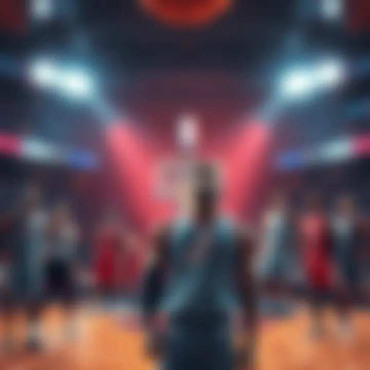 A basketball court with players looking shocked as news breaks of a major fraud scandal in the NBA.