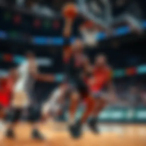 Players on the court during an NBA game, showcasing intense competition and excitement