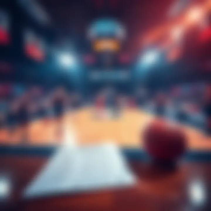 A basketball court with players in action and betting slip in focus, showcasing expert picks for today's NBA games.