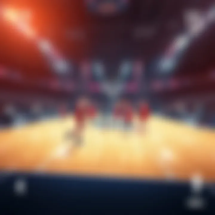 A basketball court with players in action, focusing on points, rebounds, and assists analysis for betting.