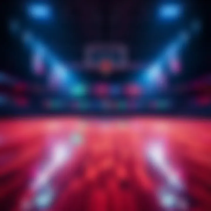 A basketball court with glowing analytics graphics showing betting trends and strategies for NBA games