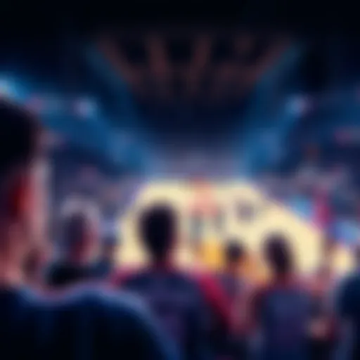 Group of basketball players on the court during a game with fans in the stands