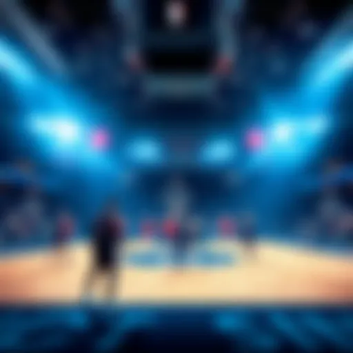 Basketball players on the court with a scoreboard in the background, showcasing the excitement of NBA games and predictions.