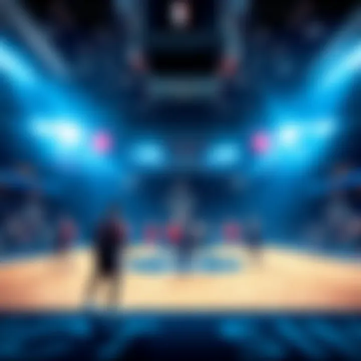 NBA Game Predictions Basketball players on the court with a scoreboard in the background, showcasing the excitement of NBA games and predictions.