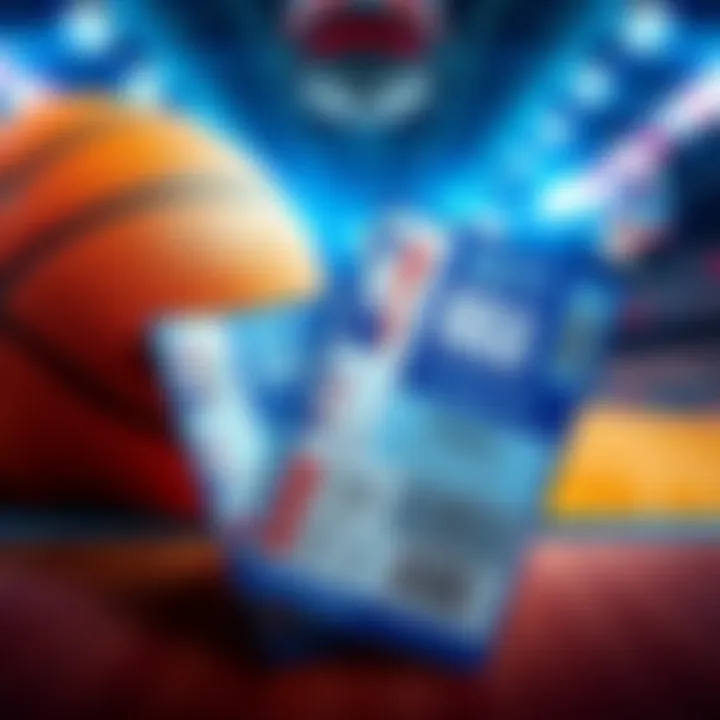 NBA Game Tickets A collection of basketball tickets with a basketball and stadium background
