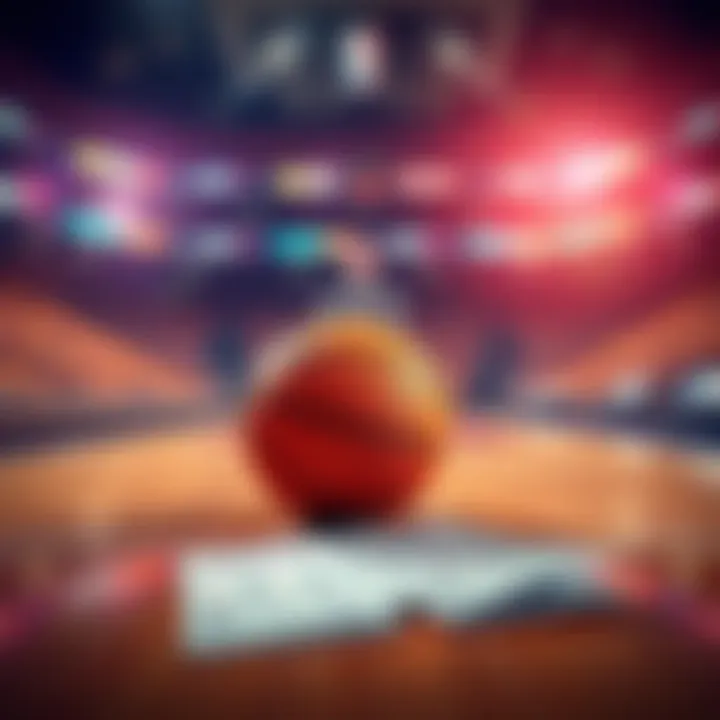 NBA King of the Court Betting A basketball court with betting slips and a ball, showing excitement for NBA betting picks.