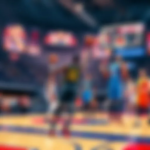 A dynamic basketball game scene showing players on the court during a crucial moment, with fans cheering in the background, emphasizing the excitement of live betting during halftime analysis.