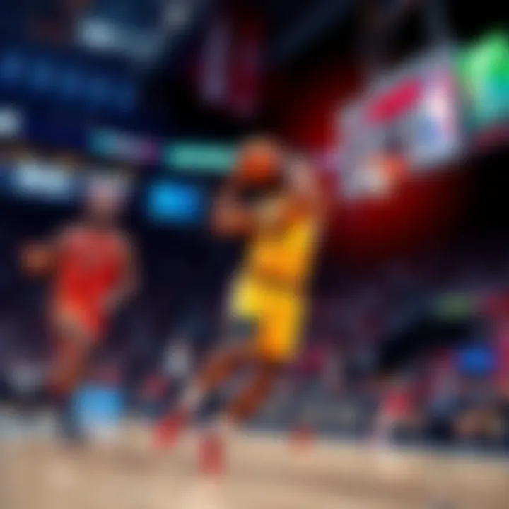 Basketball players in action during an NBA game, with betting odds displayed on a screen