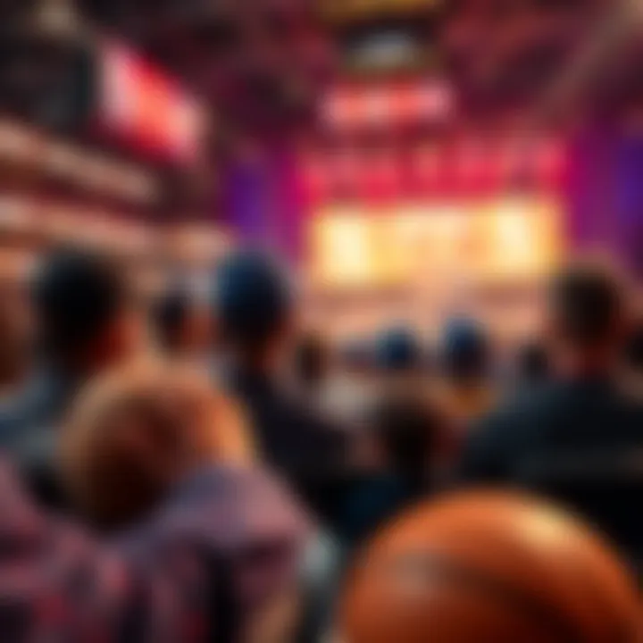 Excited fans watching the NBA lottery event with draft hats and basketballs