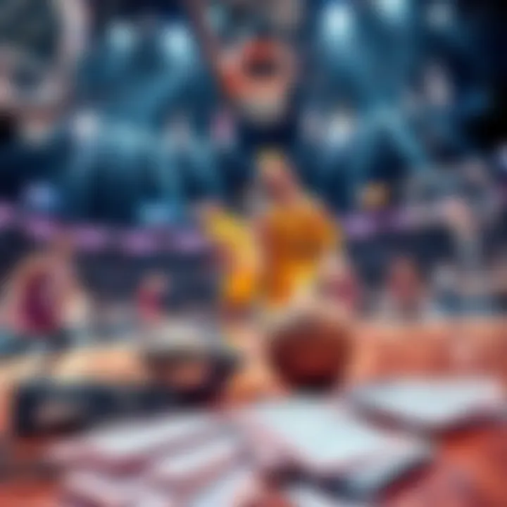 Exciting NBA Parlay Betting A vibrant basketball scene with players in action and betting slips on a table, showcasing the thrill of NBA parlay bets.