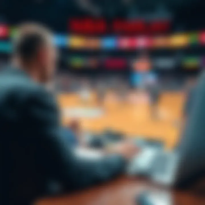 A person analyzing basketball stats and odds on a laptop, with basketball game highlights in the background, representing betting strategies.