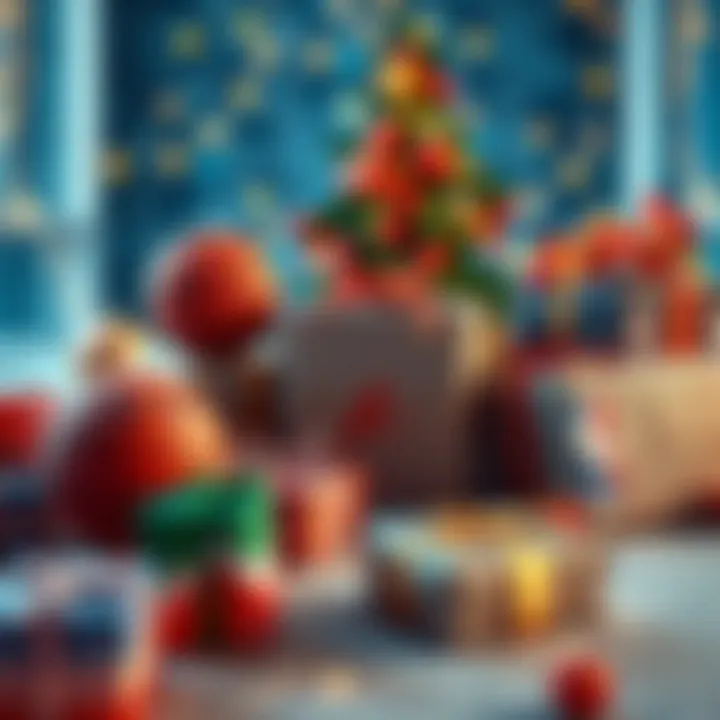 A festive scene with wrapped Christmas gifts featuring NBA team logos and basketballs alongside holiday decorations.