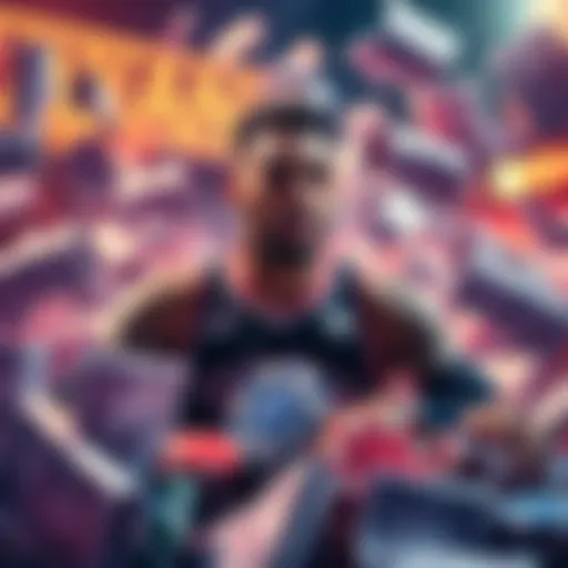 NBA player in action, surrounded by betting slips and casino chips, showcasing the financial chaos from his performance