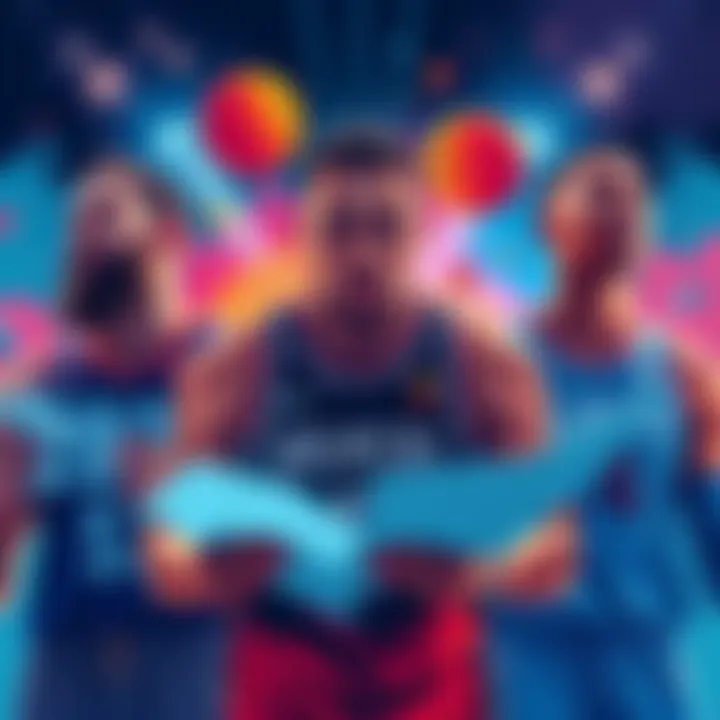 Illustration of basketball players with betting slips and charts showing player prop bets