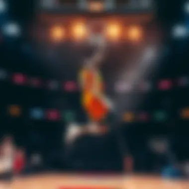 A basketball player successfully executing a slam dunk during a game, showcasing athleticism and excitement on the court.