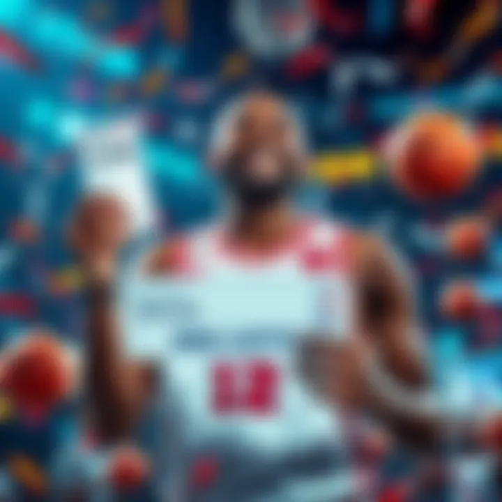 An NBA player holds a lottery ticket with a big smile, surrounded by confetti and basketballs, celebrating his massive win.