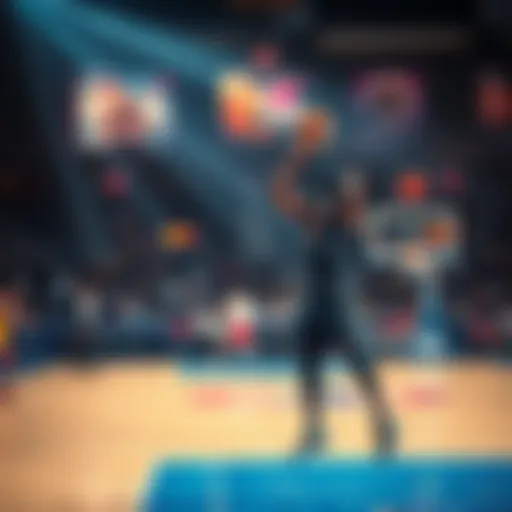 A basketball player shooting a free throw during a game, with fans cheering in the background.