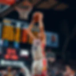 A basketball player taking a shot during a game with betting odds displayed in the background.