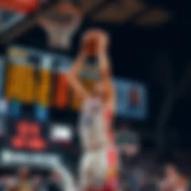 A basketball player taking a shot during a game with betting odds displayed in the background.