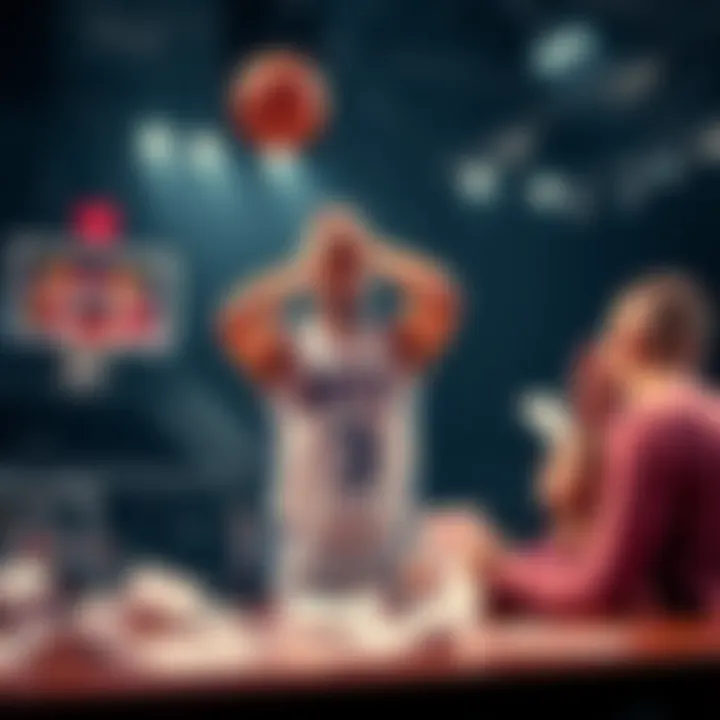 A basketball player preparing to shoot a free throw while betting slips are on the table