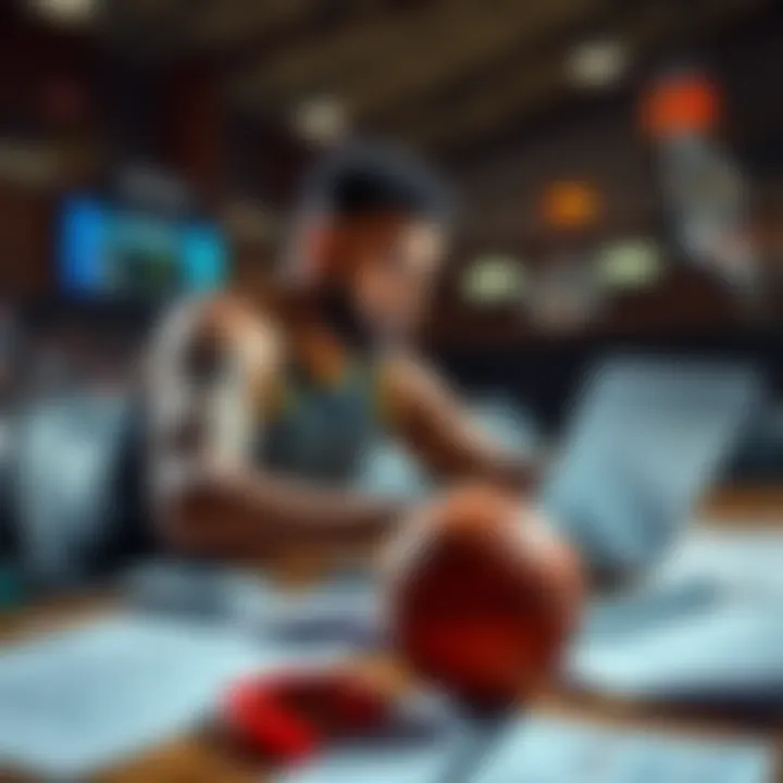 A basketball player analyzing stats on a laptop, surrounded by betting sheets and a basketball on the table.