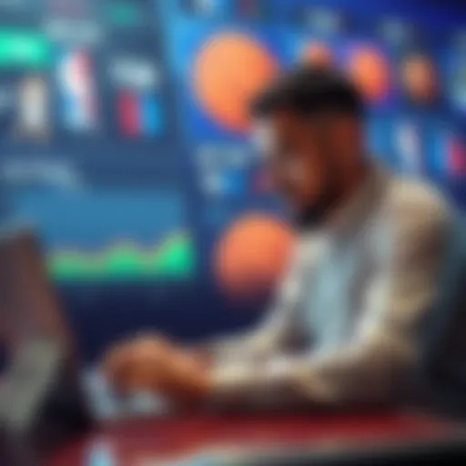 A person analyzing NBA player prop betting data on a laptop with basketball graphics in the background