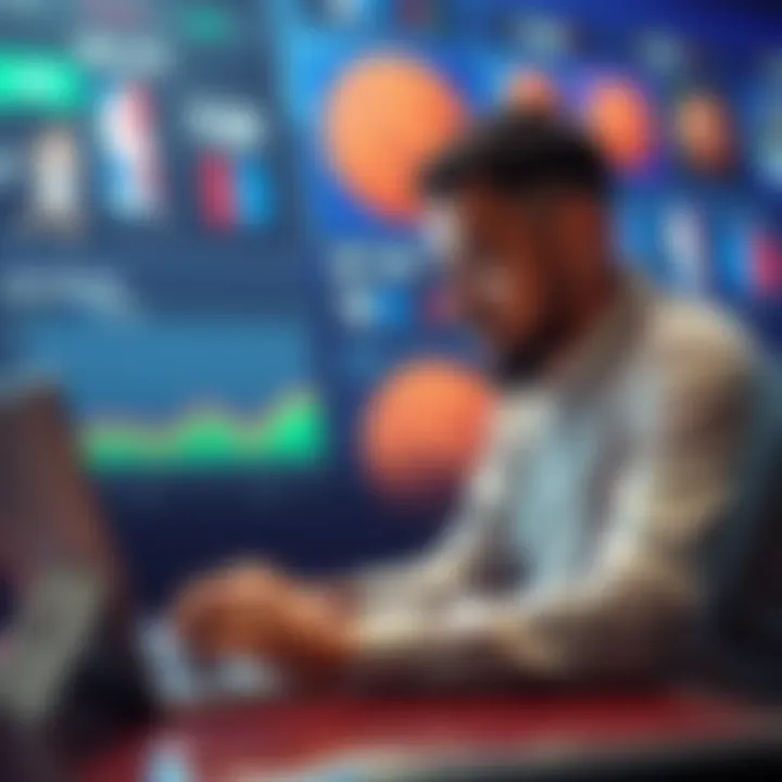 A person analyzing NBA player prop betting data on a laptop with basketball graphics in the background