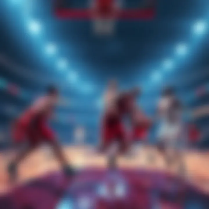 A dynamic scene showing NBA players competing on the court during a game in 2025.