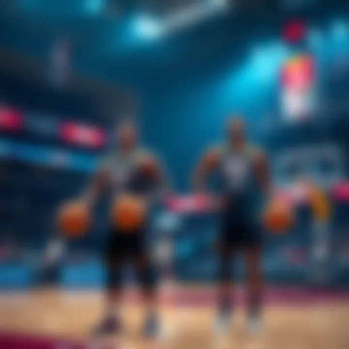 Two NBA players warming up on the court before a game, with basketballs in hand and focused expressions
