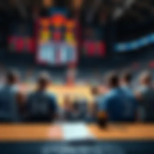 A basketball court with betting odds displayed on a scoreboard, fans wearing team jerseys engaged in discussion, and a betting slip on a table.