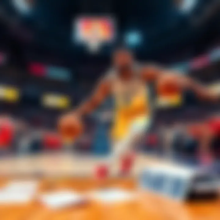 A basketball player dribbling the ball during an NBA playoff game, with cheering fans in the background and betting slips on the table in the foreground.