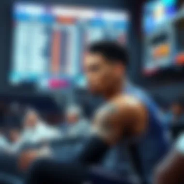 A basketball player with a disappointed look sits on the bench after a tough game, with statistics displayed on a screen in the background showing an 11-5 record.