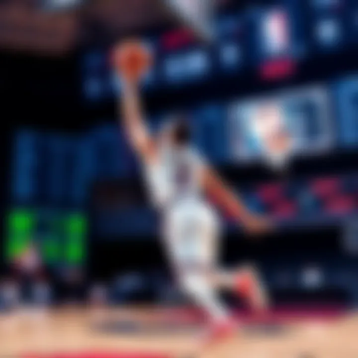 A basketball player makes a shot while betting odds and trends are displayed in the background.