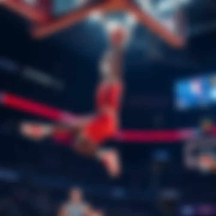 NBA player making a slam dunk A basketball player soaring through the air to make a slam dunk during a game