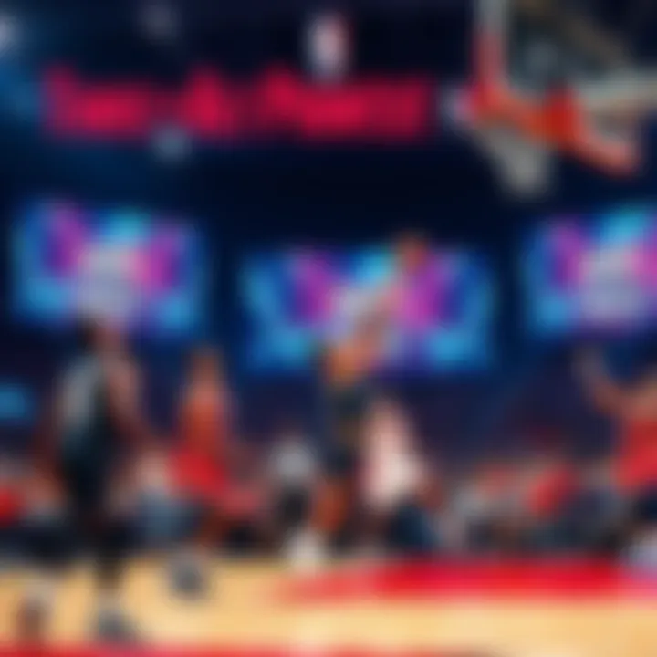 Players competing in the NBA Three Point Contest, showcasing their shooting skills and aiming for the basket, with the crowd cheering in the background.