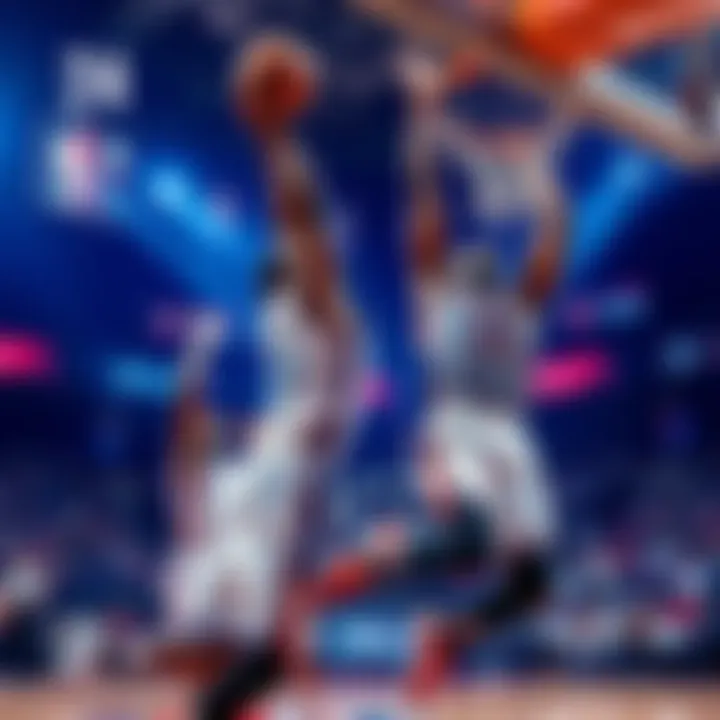 Two NBA players executing impressive dunks during a game