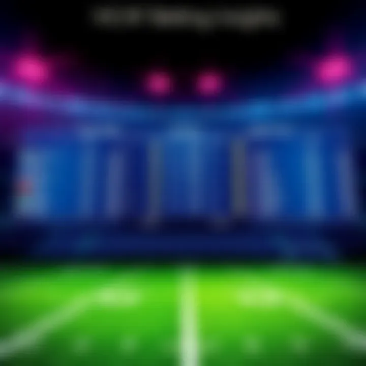 A football field with betting odds displayed on a scoreboard, highlighting teams and expert picks for NCAAF games.