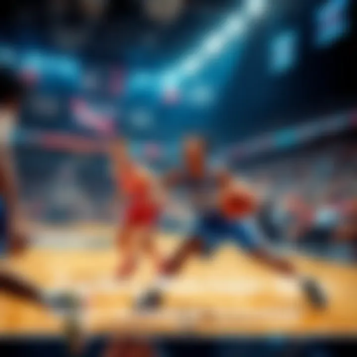 Players competing intensely on the basketball court during a matchup