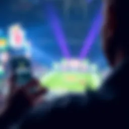 A person placing a bet on NCAA games on DraftKings with a smartphone and college team logos in the background.