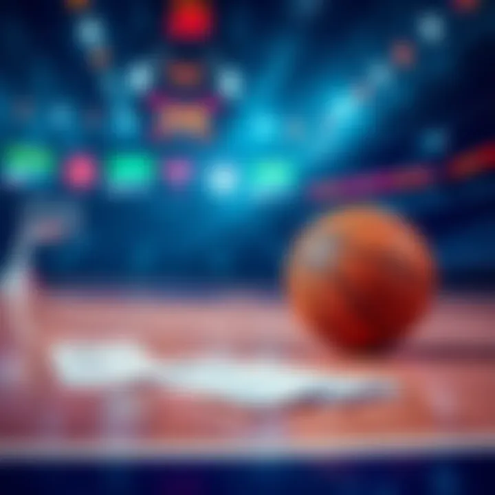 Basketball court with betting slips and a ball on it