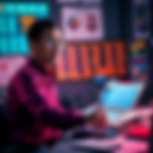 A sports expert analyzing NCAA tournament picks with charts and data on a desk