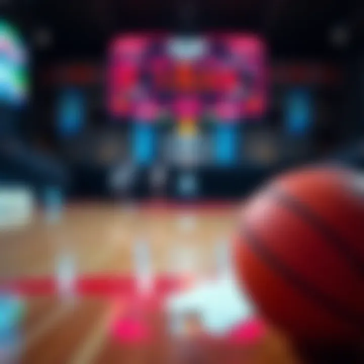 A basketball court with betting slips and a scoreboard in the background, representing college basketball insights and betting strategies.