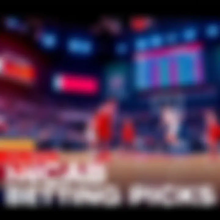 NCAABB Betting Picks Basketball players in action during a college game, with betting odds displayed on a scoreboard