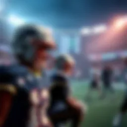 Football players preparing for a game with betting lines displayed on a screen