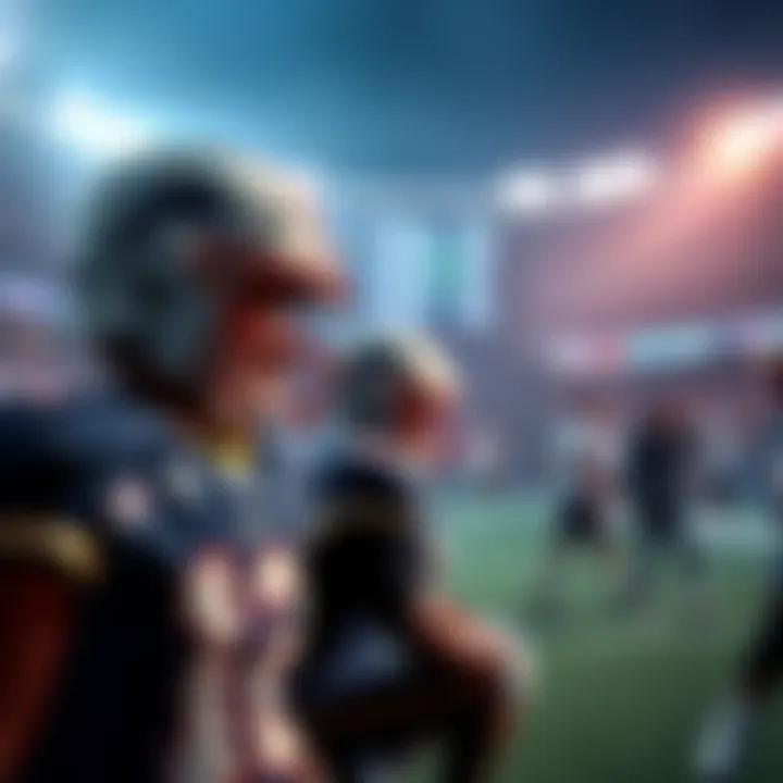 Football players preparing for a game with betting lines displayed on a screen