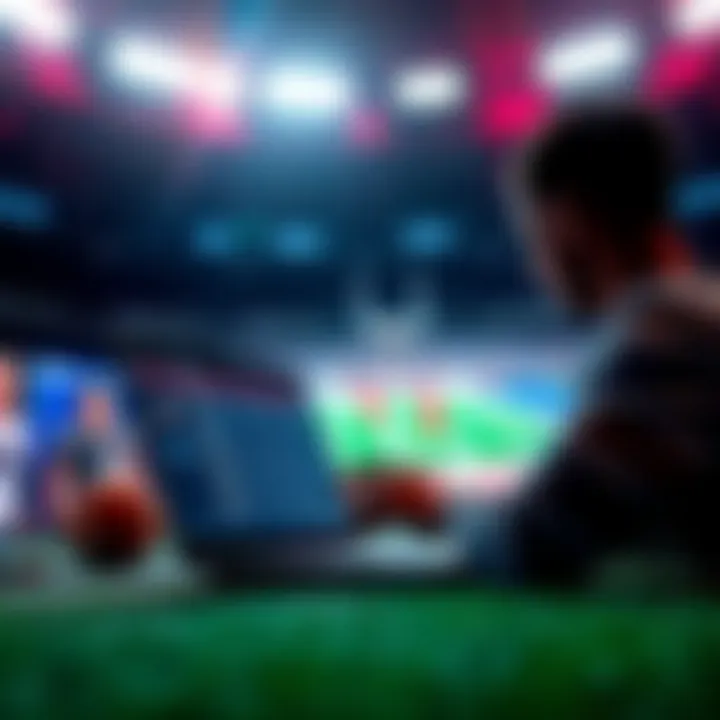 A person analyzing sports betting odds and picks on a laptop, with football graphics in the background.