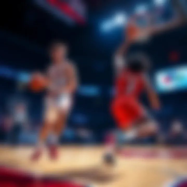 Players from NC State and Miami compete in a basketball game, showcasing their skills on the court
